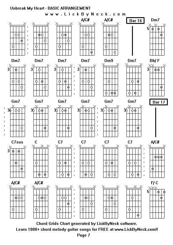 Chord Grids Chart of chord melody fingerstyle guitar song-Unbreak My Heart - BASIC ARRANGEMENT,generated by LickByNeck software.